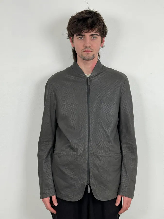 AW2017 Emporio Armani Grey Leather Perforated Bomber Jacket  yfWyFZl 1