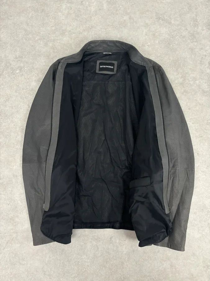 AW2017 Emporio Armani Grey Leather Perforated Bomber Jacket  yfWyFZl 6