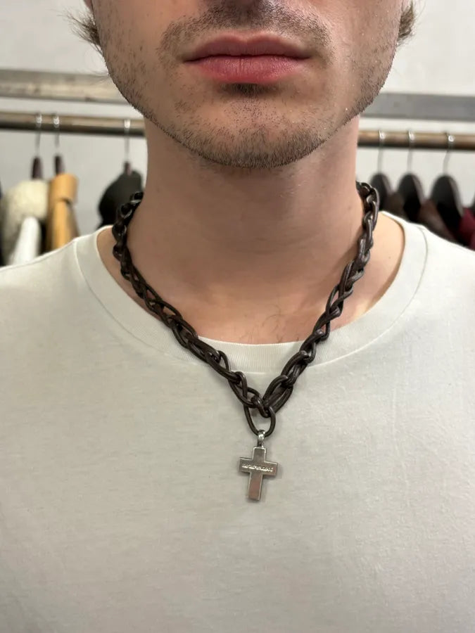 Emporio Armani Leather Chain Cross Necklace OoWPrPs 1