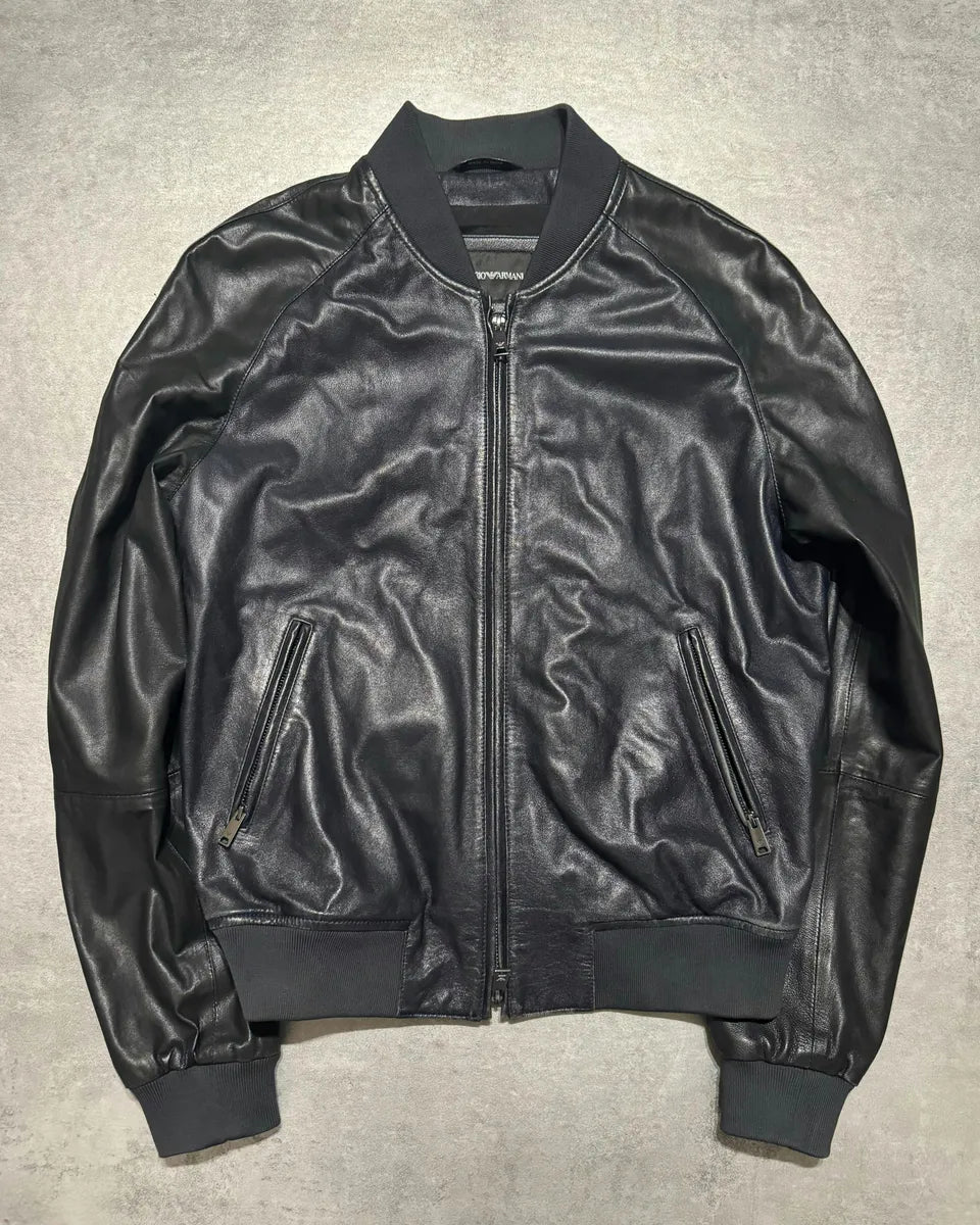 Emporio Armani Minimalist Black Navy Leather Jacket saEBHgI 0