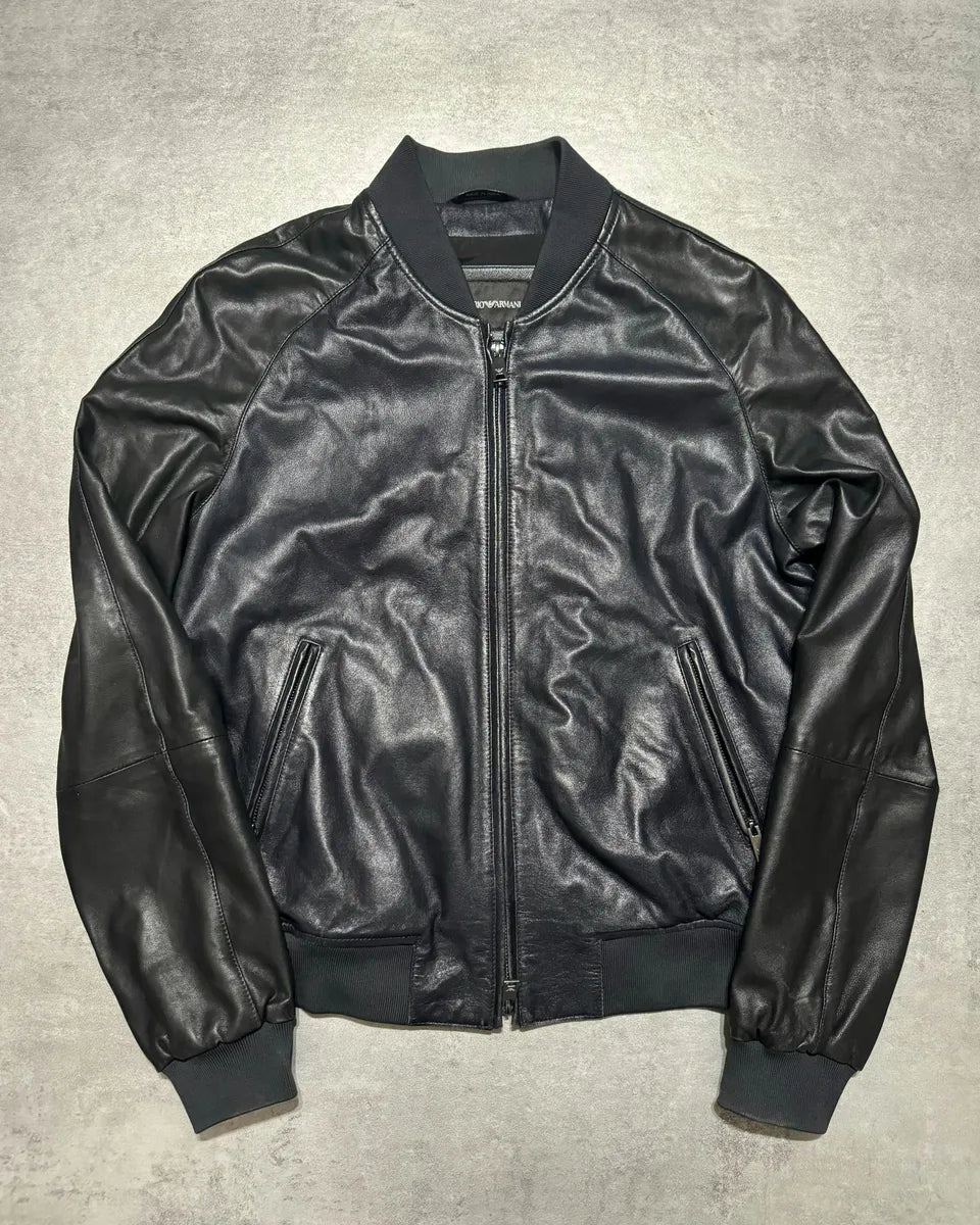 Emporio Armani Minimalist Black Navy Leather Jacket saEBHgI 2