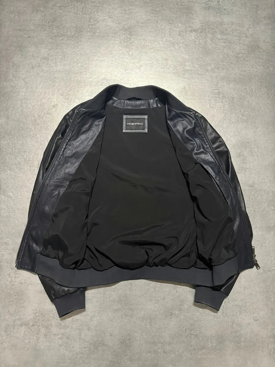 Emporio Armani Minimalist Black Navy Leather Jacket saEBHgI 3