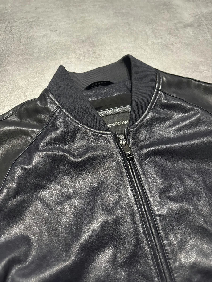 Emporio Armani Minimalist Black Navy Leather Jacket saEBHgI 5