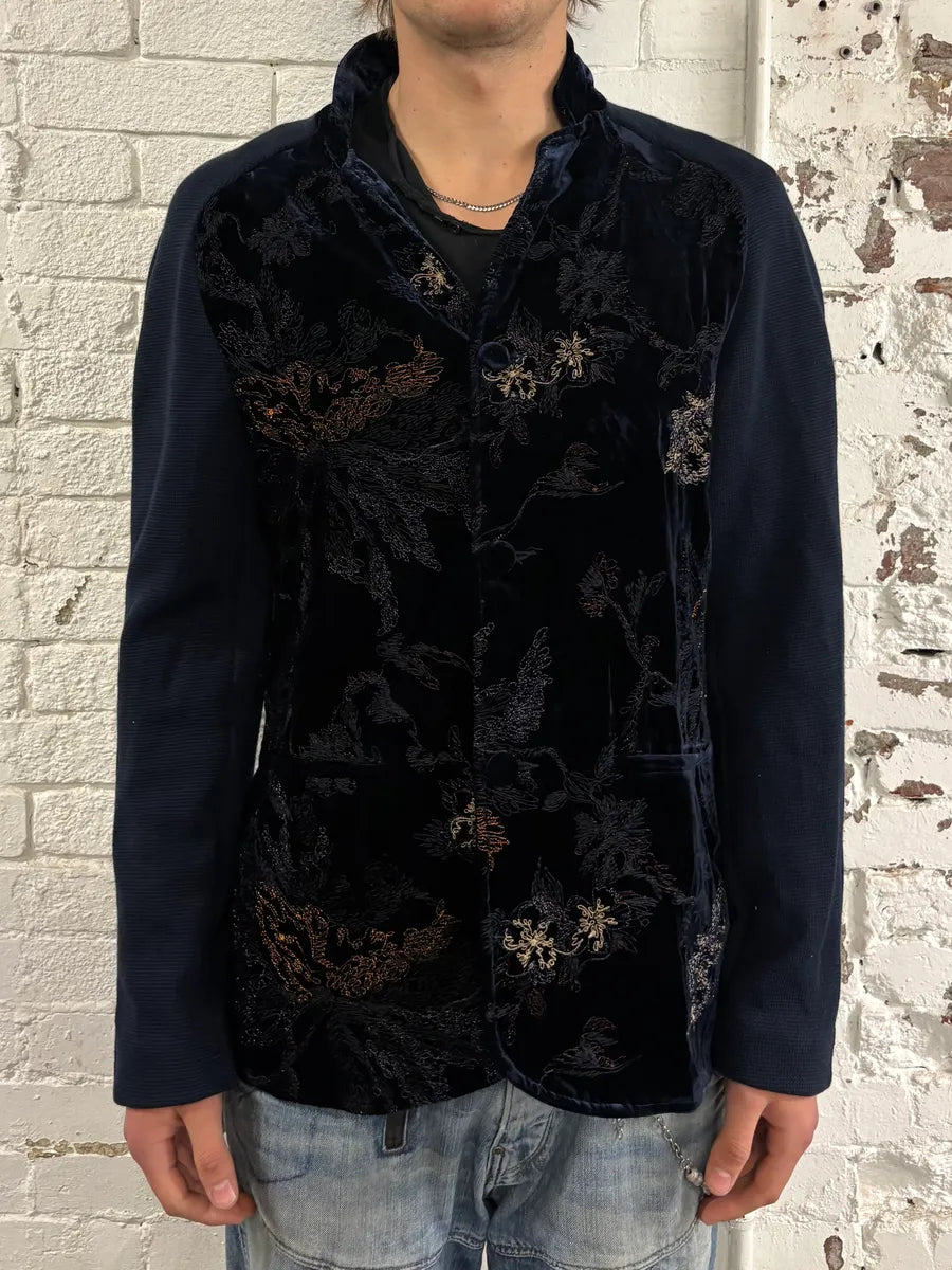 AW2018 Emporio Armani Navy Velvet Floral Embroidered Hybrid Jacket vvUktVy 2