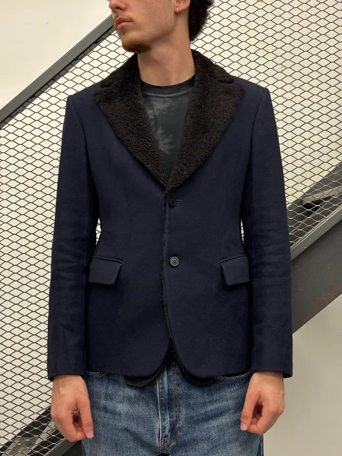 SS2013 Emporio Armani Navy Wool Removable Fur Collar Blazer Jacket fRXRzFu 1