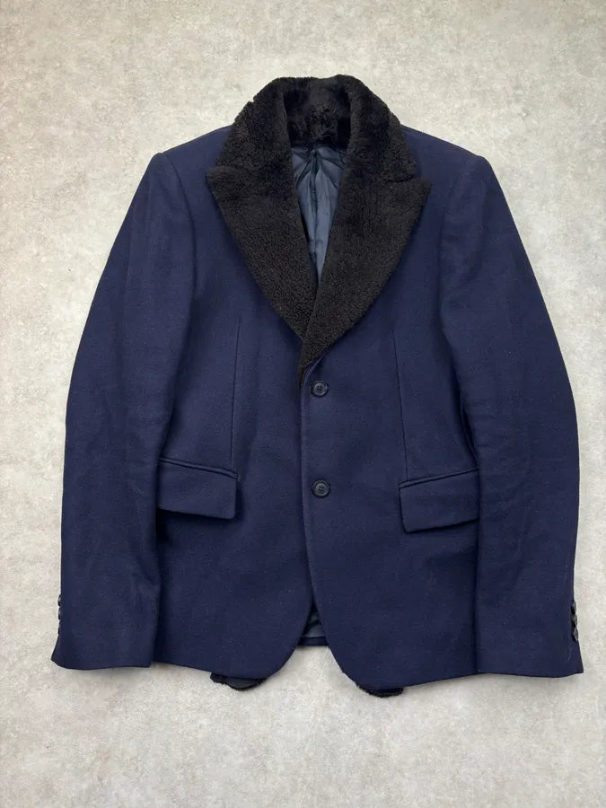 SS2013 Emporio Armani Navy Wool Removable Fur Collar Blazer Jacket fRXRzFu 0
