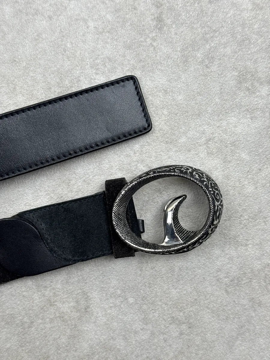 2000s Roberto Cavalli Black Leather Ornamental Relief Suede Belt eqaMrjTj 4