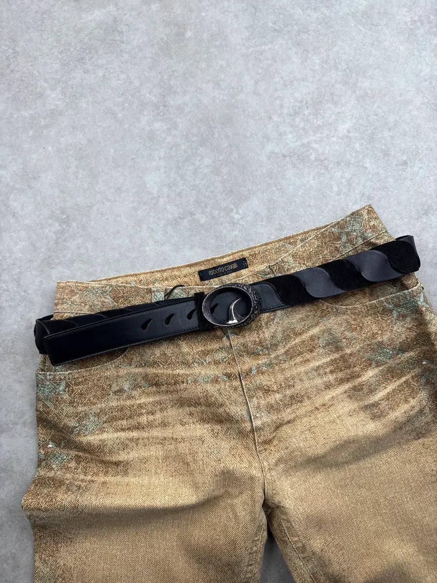2000s Roberto Cavalli Black Leather Ornamental Relief Suede Belt eqaMrjTj 0