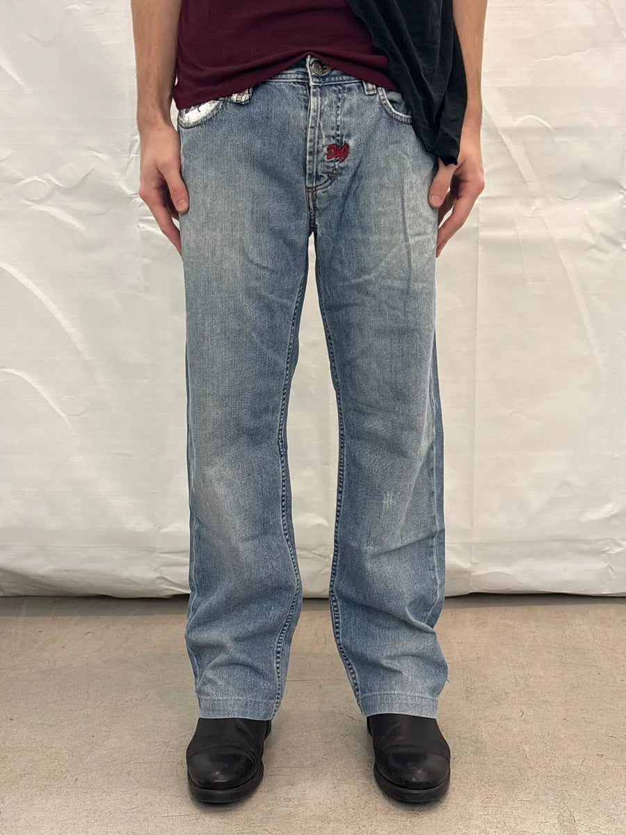 AW2005 Dolce & Gabbana Light Blue Denim Distressed Straight Leg Jeans erDqrnuN 0