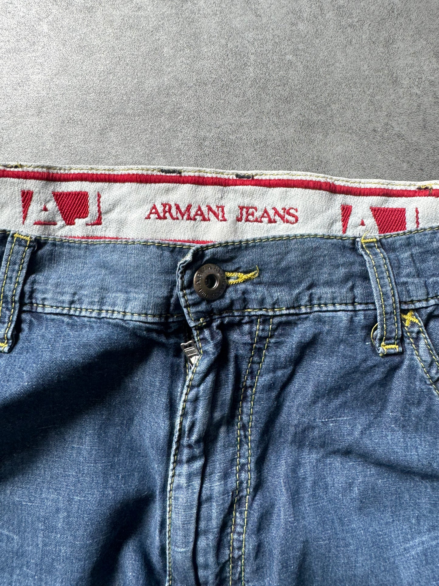 2000s Armani Relaxed Straight Linen Blue Pants (M) - 7