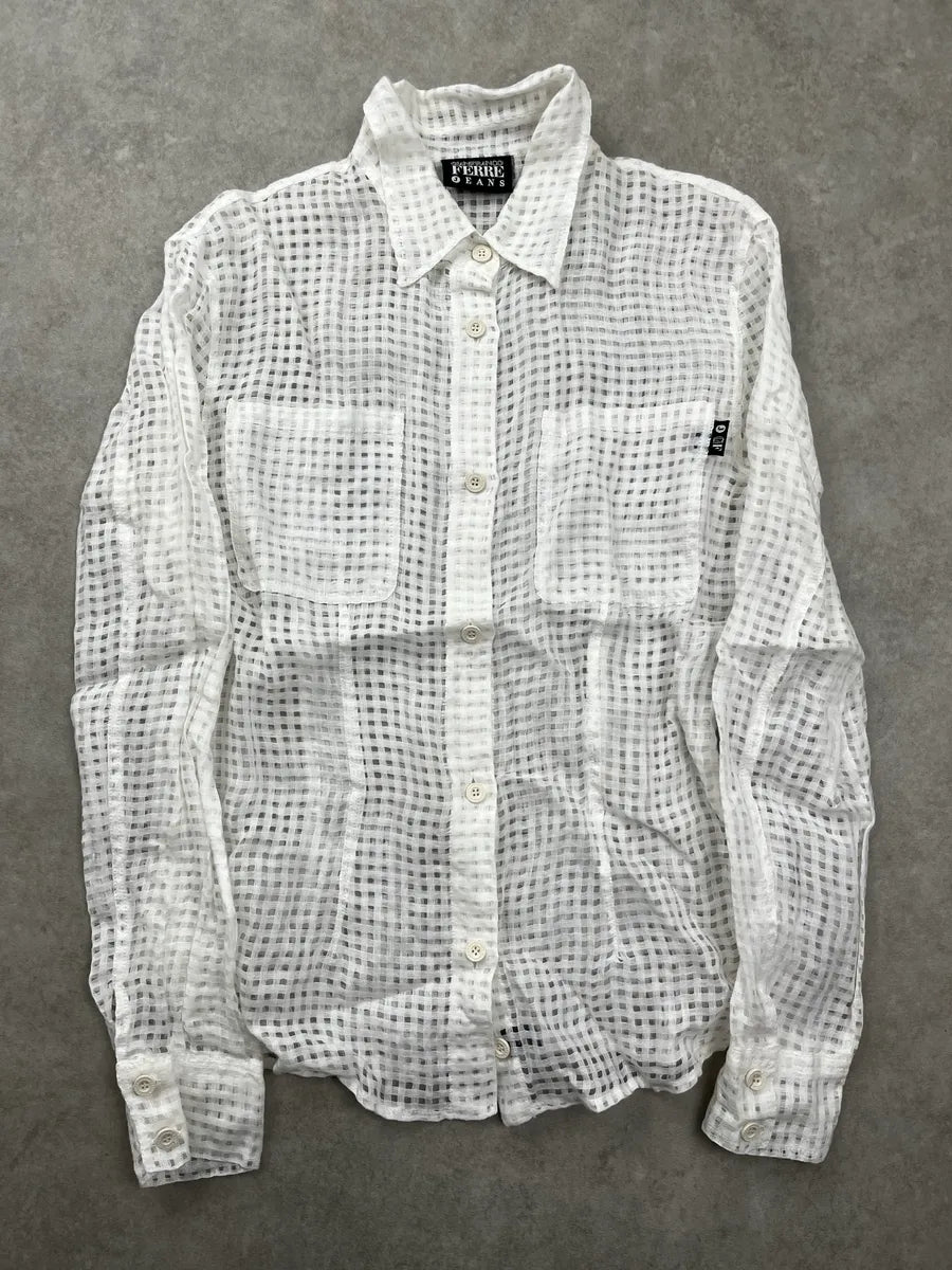 2000s Gianfranco Ferré Jeans White Grid Transparent Shirt euetWqLn 0