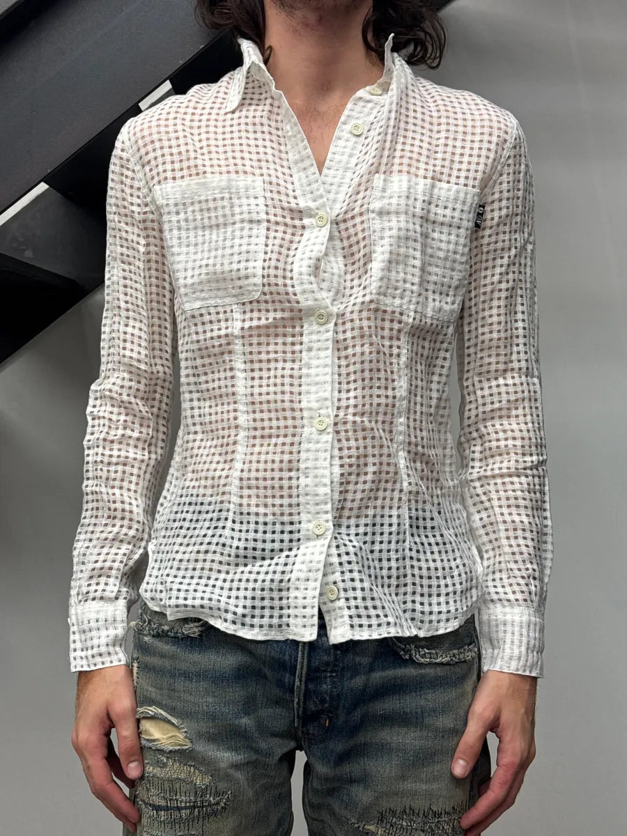 2000s Gianfranco Ferré Jeans White Grid Transparent Shirt euetWqLn 1