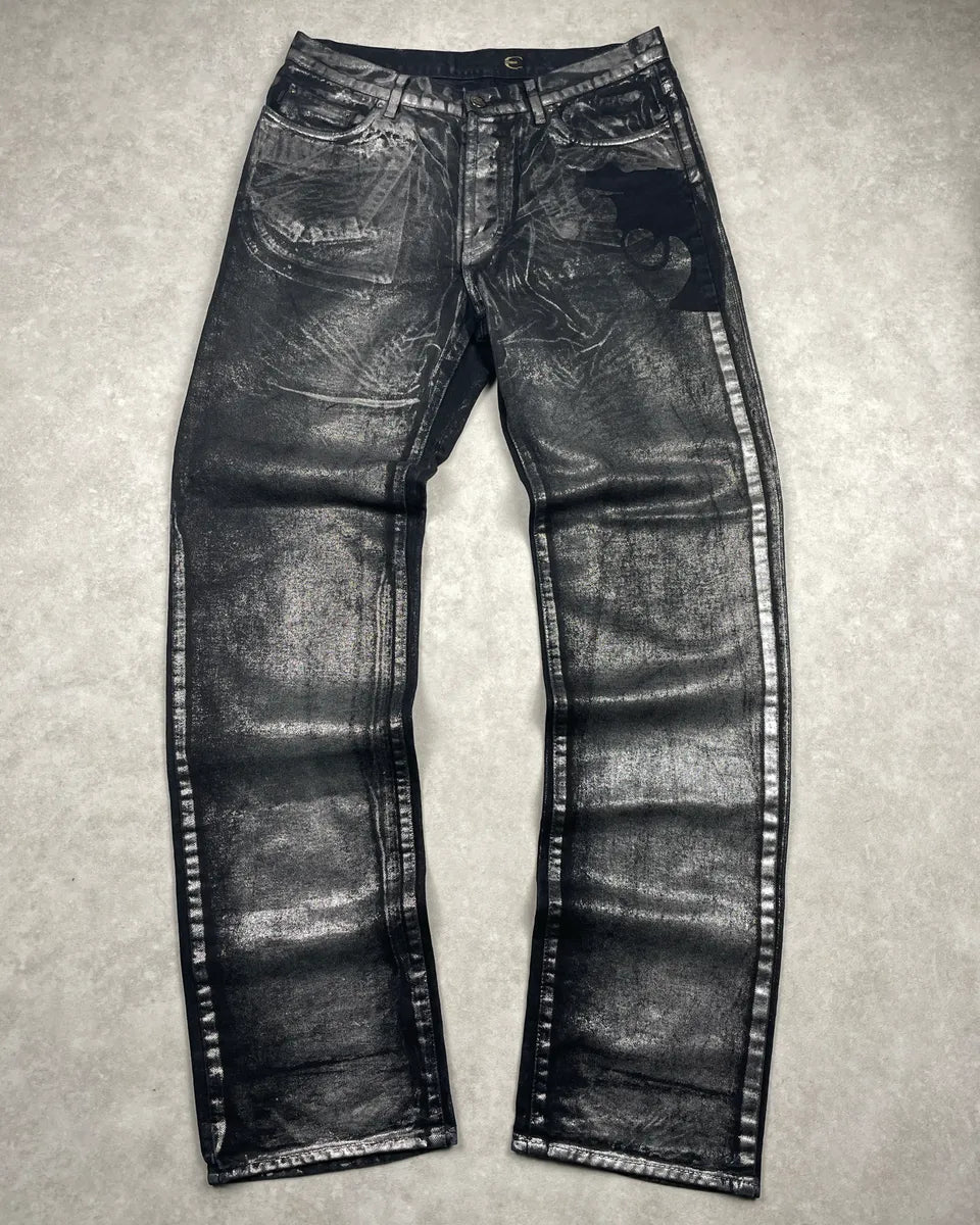 2000s Cavalli Black Denim Metallic Foil Straight-Leg Jeans evWysBCK 0
