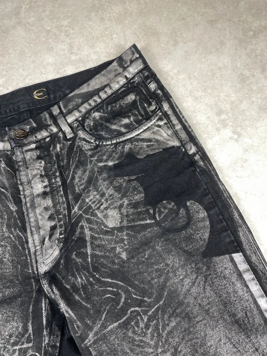 2000s Cavalli Black Denim Metallic Foil Straight-Leg Jeans evWysBCK 5