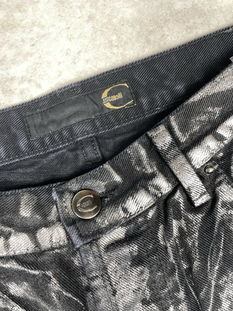 2000s Cavalli Black Denim Metallic Foil Straight-Leg Jeans evWysBCK 10