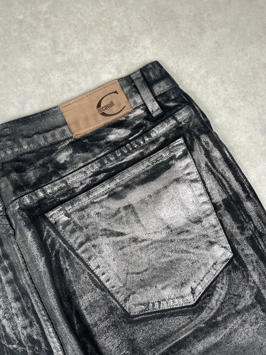 2000s Cavalli Black Denim Metallic Foil Straight-Leg Jeans evWysBCK 8