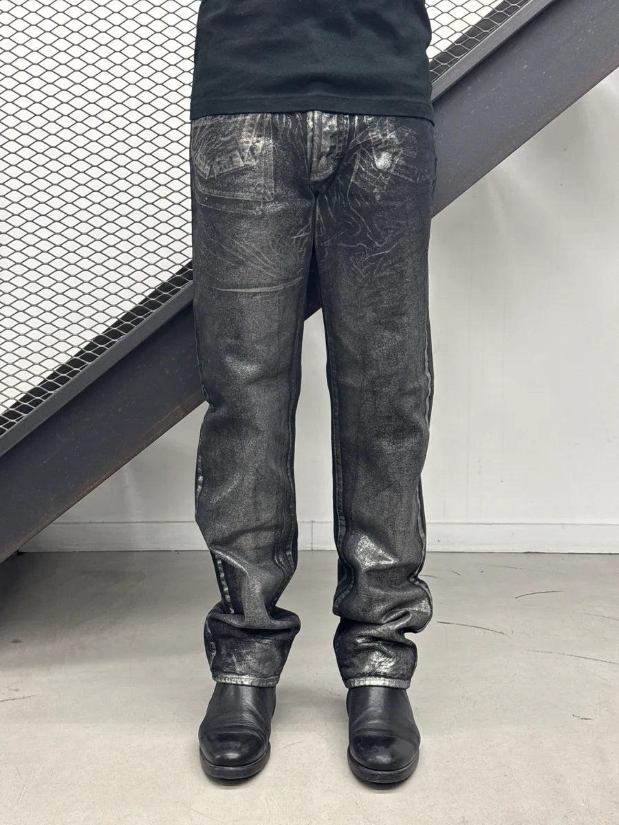 2000s Cavalli Black Denim Metallic Foil Straight-Leg Jeans evWysBCK 1