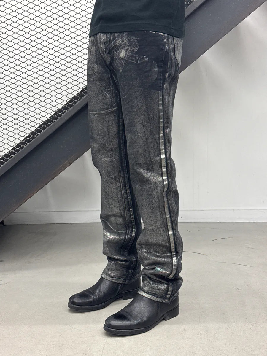 2000s Cavalli Black Denim Metallic Foil Straight-Leg Jeans evWysBCK 2