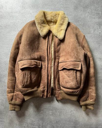 1980s Emporio Armani Camel Shearling Leather Bomber Jacket (L) - 5