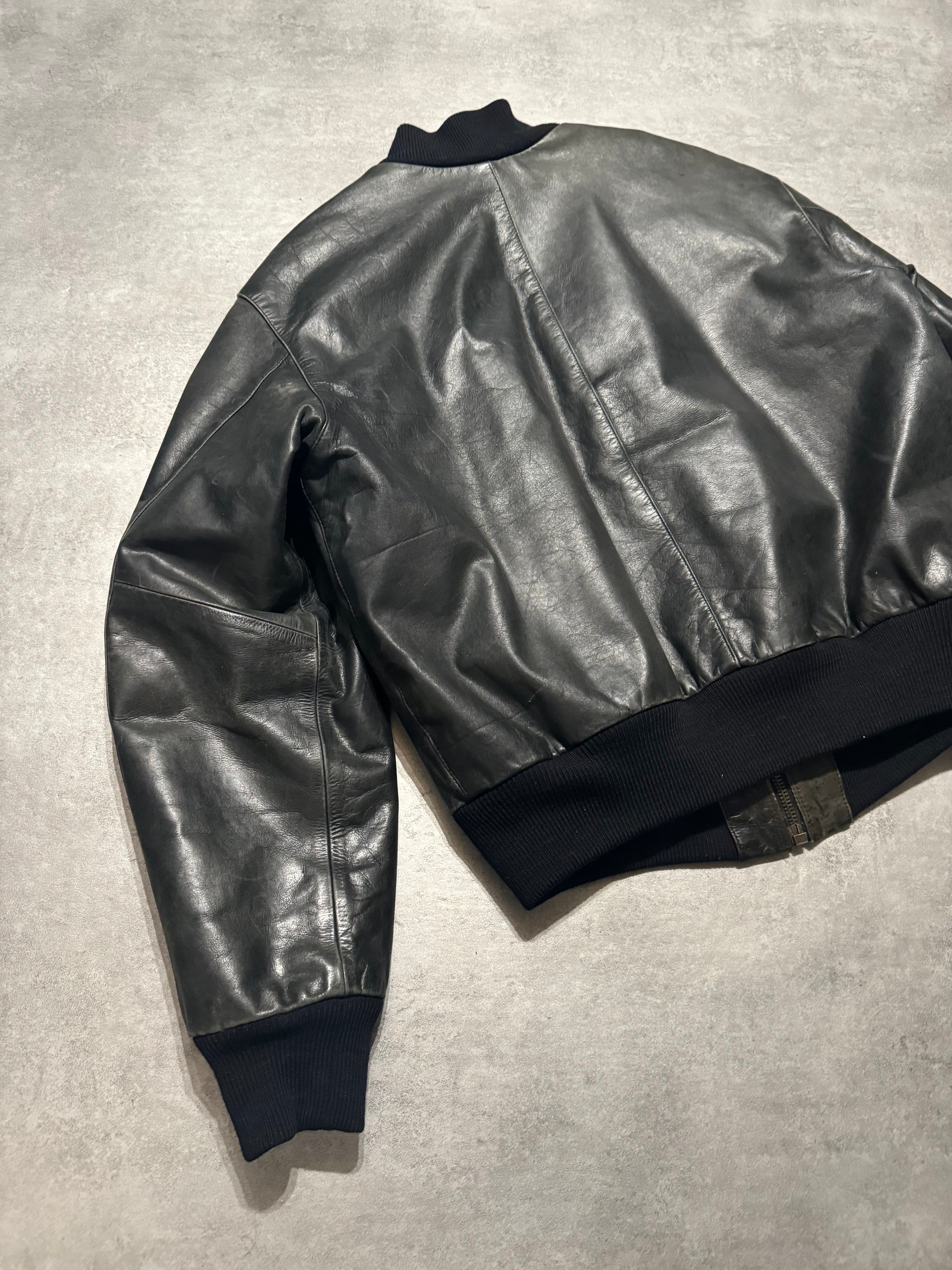 1990s Armani Leather Patina Black Premium Italian Bomber Jacket  (M/L) - 8