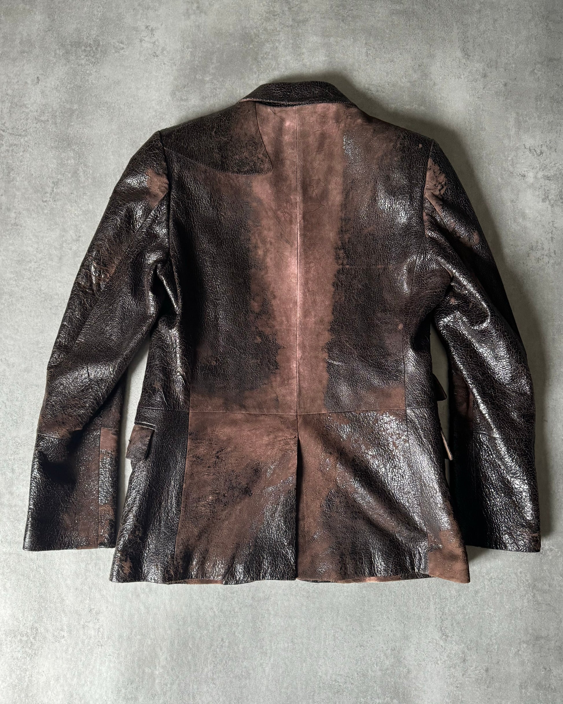 AW2000 Roberto Cavalli Artisanal Brown Eroded Silk Leather Blazer Jacket  (L) - 2