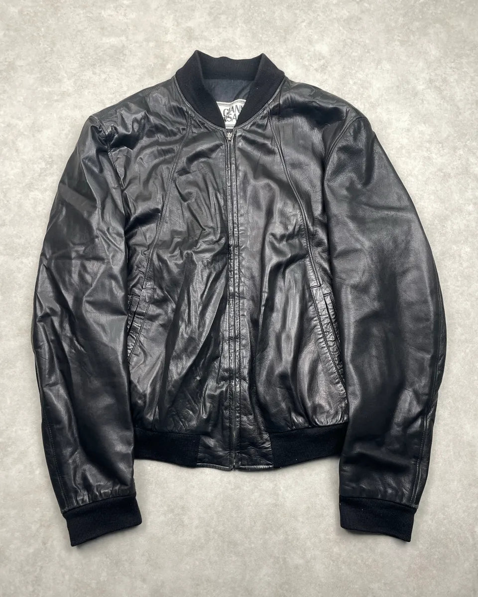 1990s Gianni Versace Black Leather Ring-Pull Zip Bomber Jacket fRhcjnDu 0