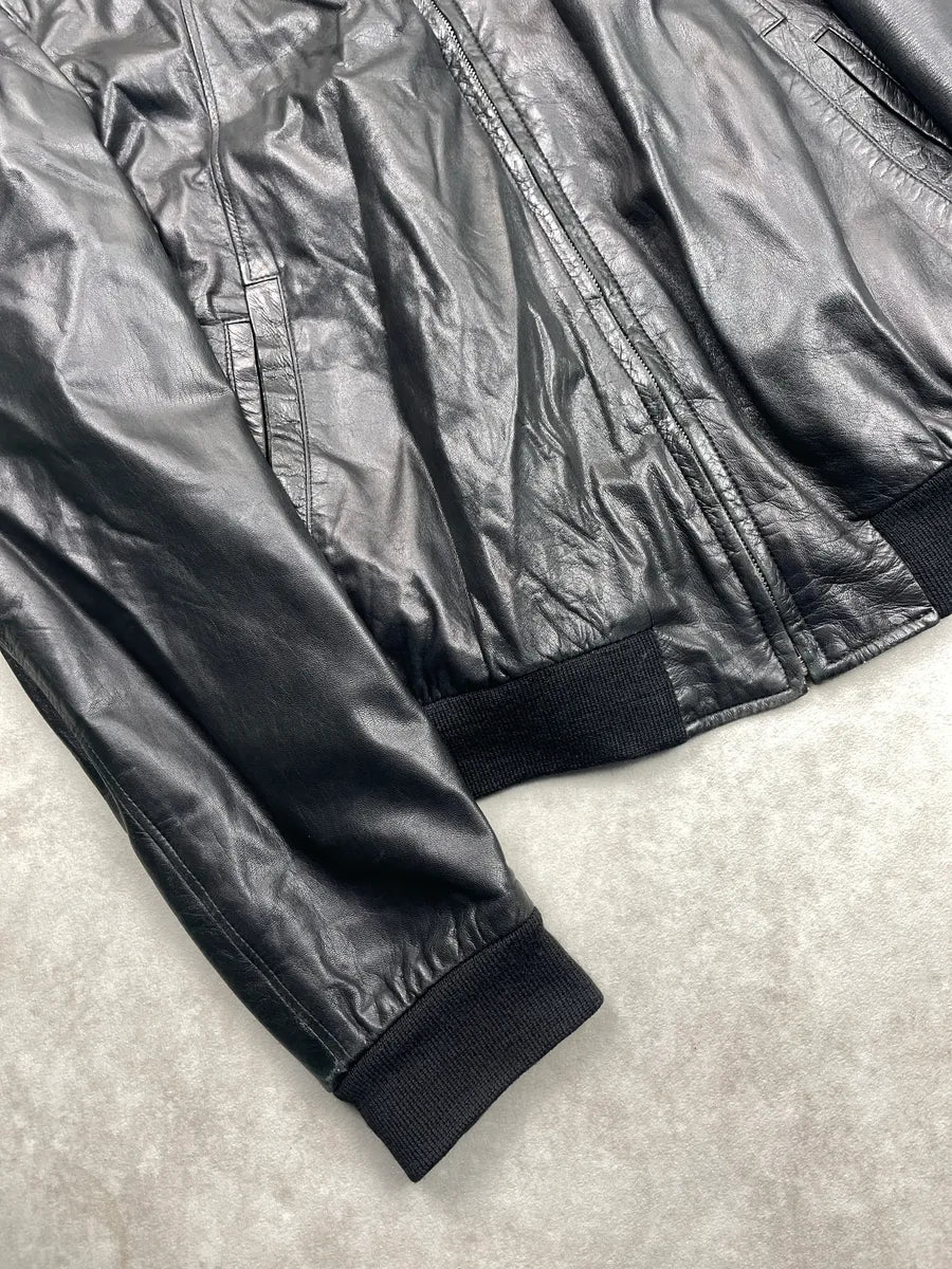 1990s Gianni Versace Black Leather Ring-Pull Zip Bomber Jacket fRhcjnDu 6