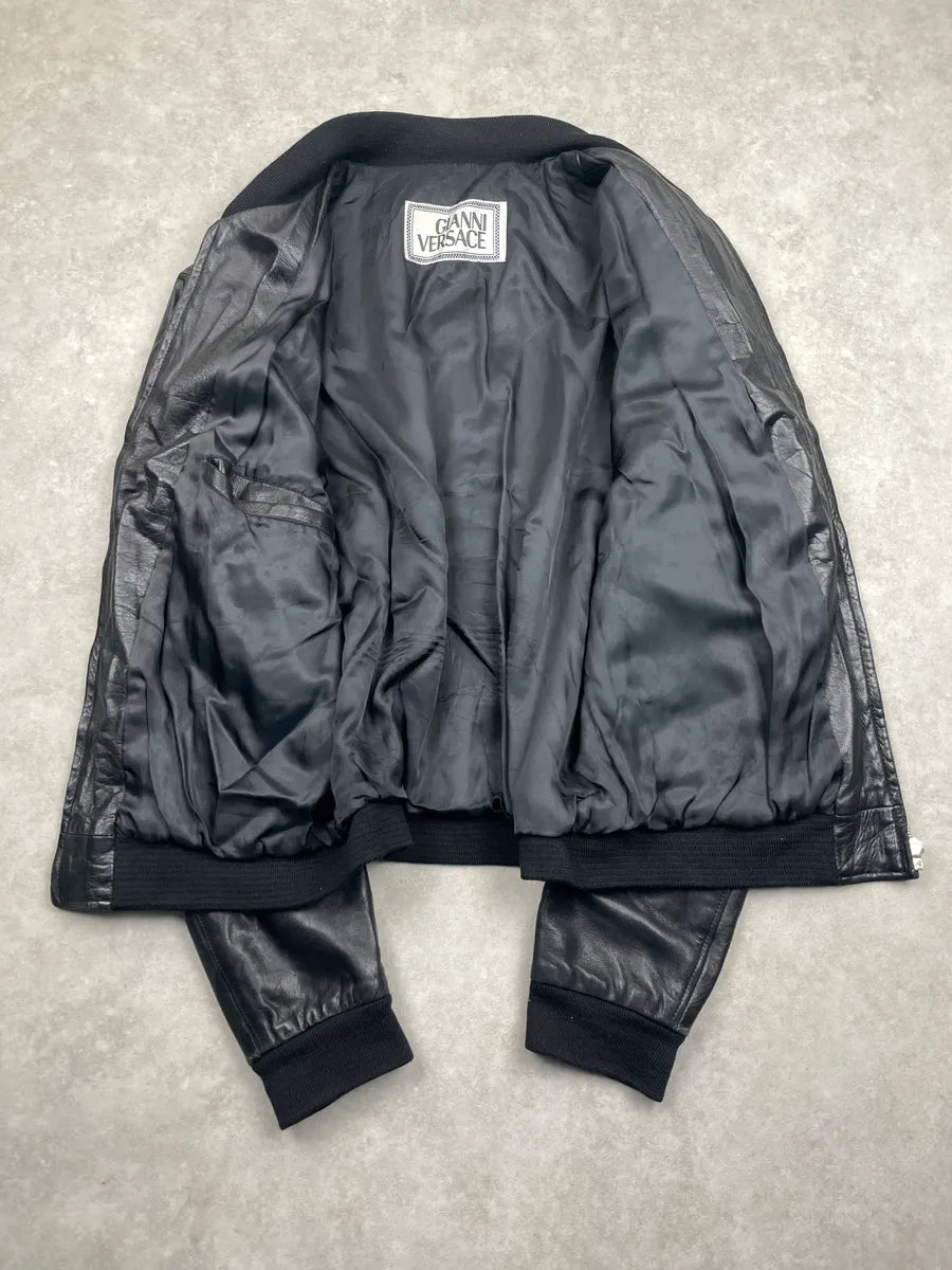 1990s Gianni Versace Black Leather Ring-Pull Zip Bomber Jacket fRhcjnDu 4