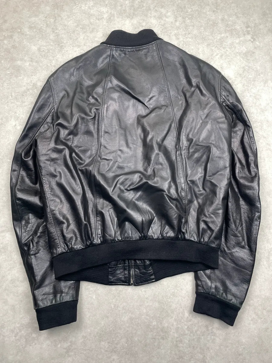 1990s Gianni Versace Black Leather Ring-Pull Zip Bomber Jacket fRhcjnDu 5