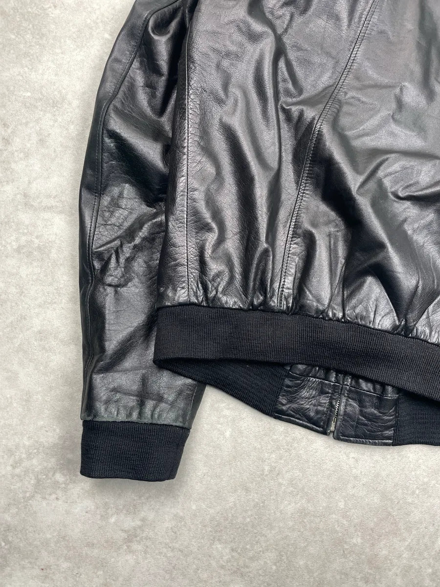 1990s Gianni Versace Black Leather Ring-Pull Zip Bomber Jacket fRhcjnDu 7