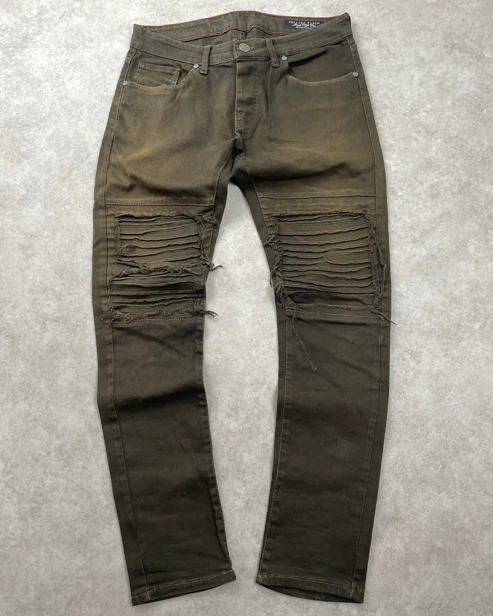 Philipp Plein Olive Denim Distressed Knee-Rip Jeans fXasWdyo 0
