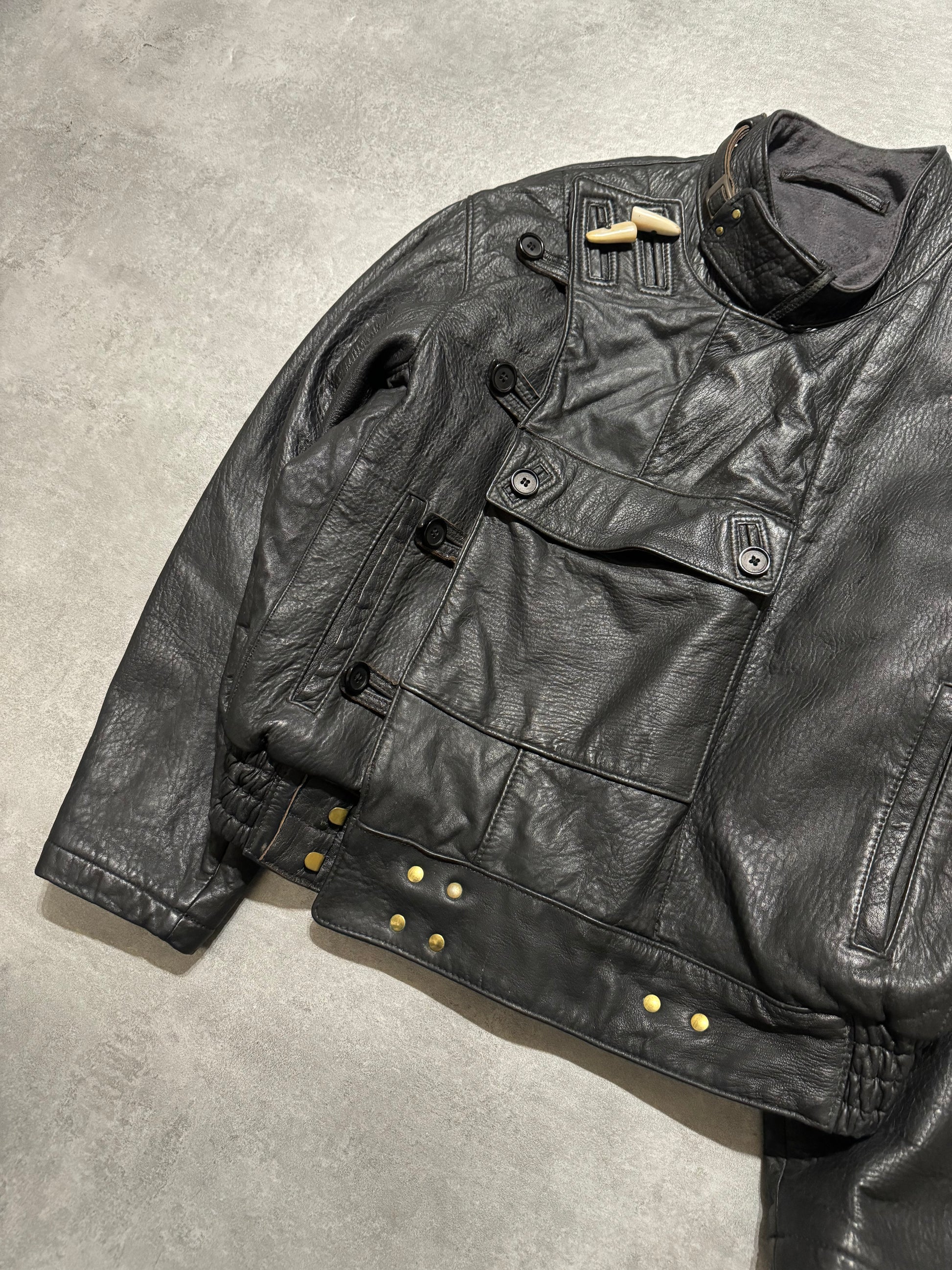 1990s Mac Douglas Black Asymmetrical Combat Leather Bomber Jacket (M/L) - 10