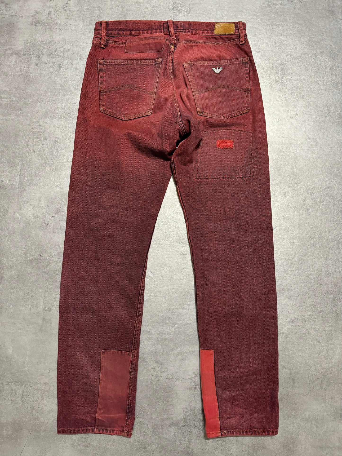 1990s Armani Red Faded Denim Patchwork Pants (L) - 2