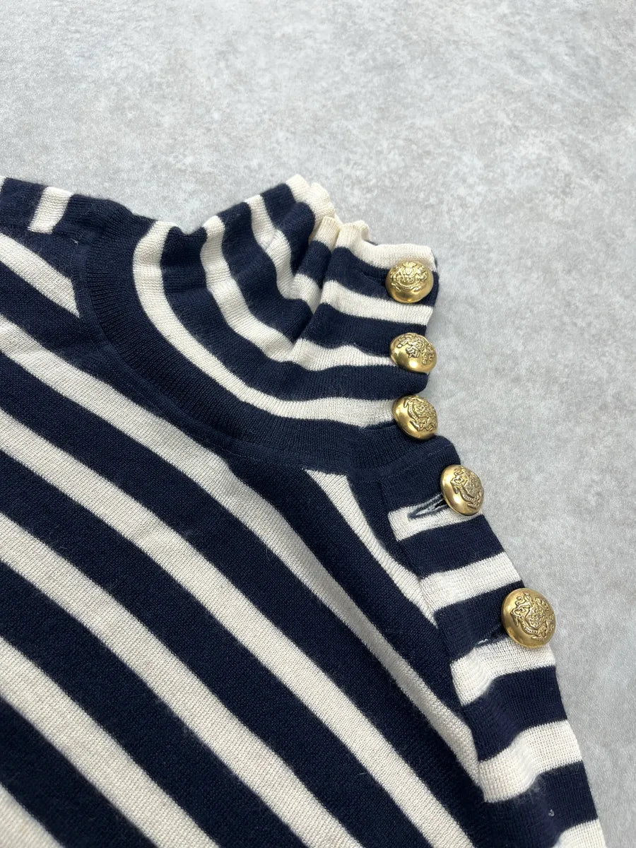 AW2007 Balenciaga Sailor Stripes Golden Button Navy & White Sweater fedWwmPU 5