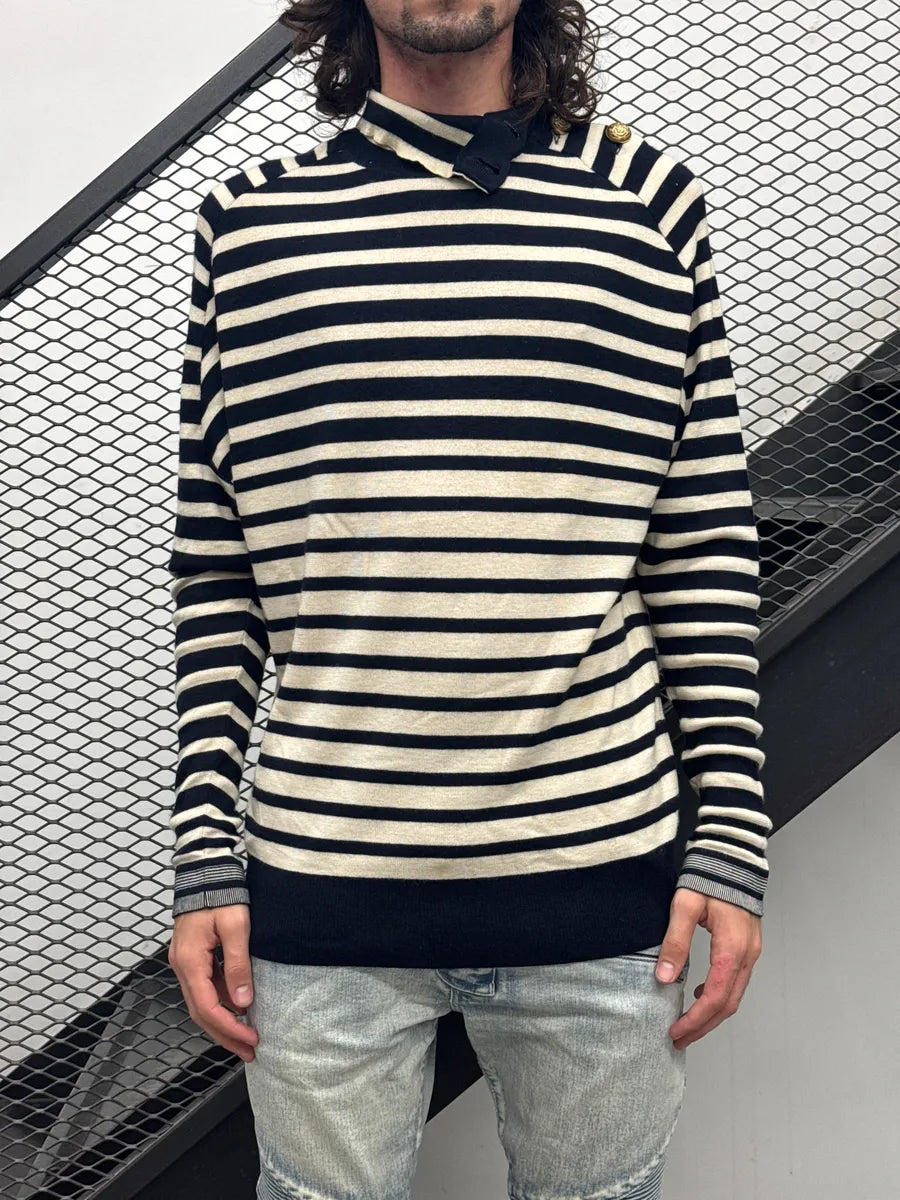AW2007 Balenciaga Sailor Stripes Golden Button Navy & White Sweater fedWwmPU 1