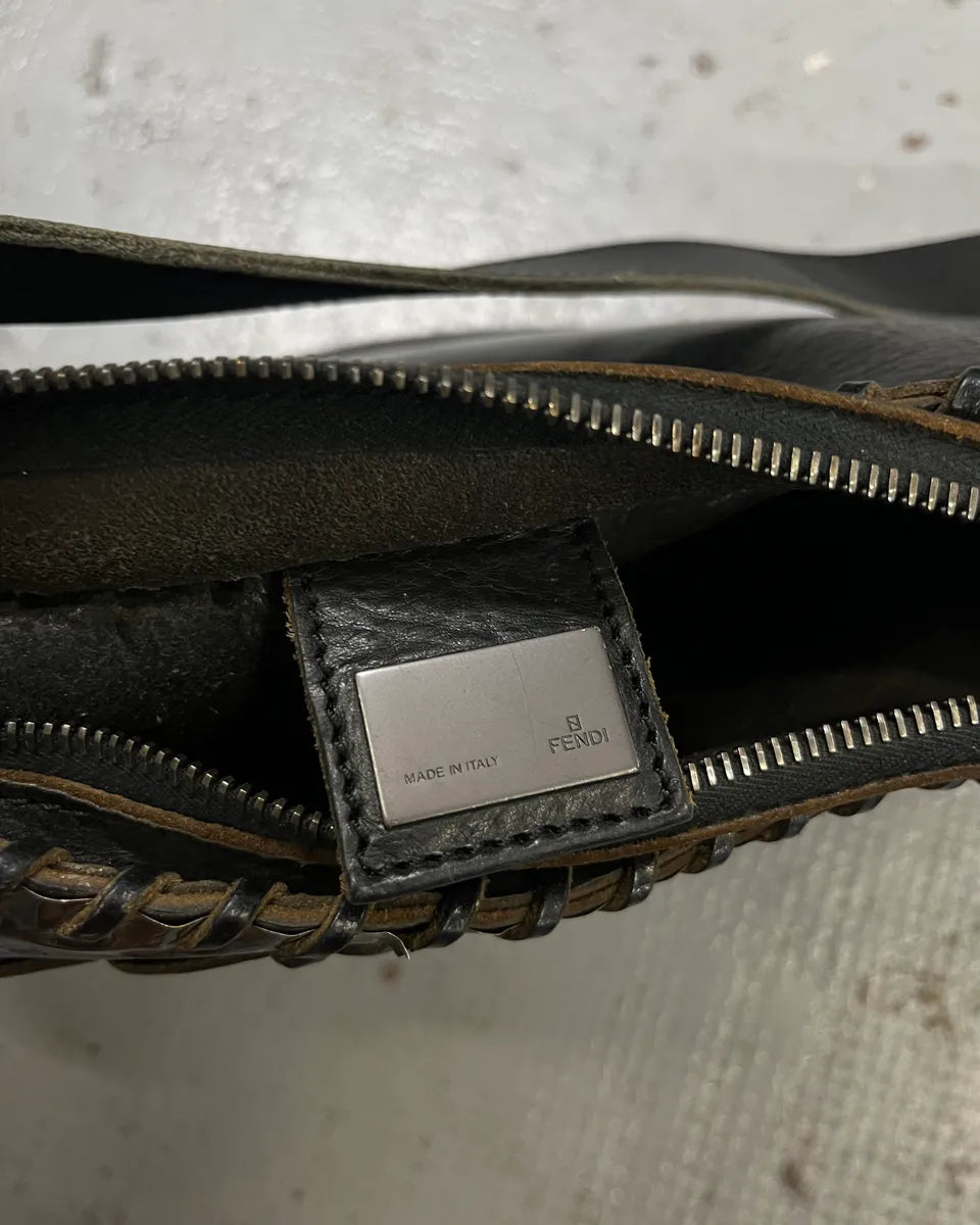 Fendi Black & Brown Cracked Leather Woven Shoulder Bag FClVhQB 11