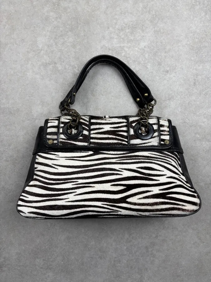 SS2006 Fendi B Bag Black Leather Zebra Pony Hair Handle Bag DAjOtgs 13