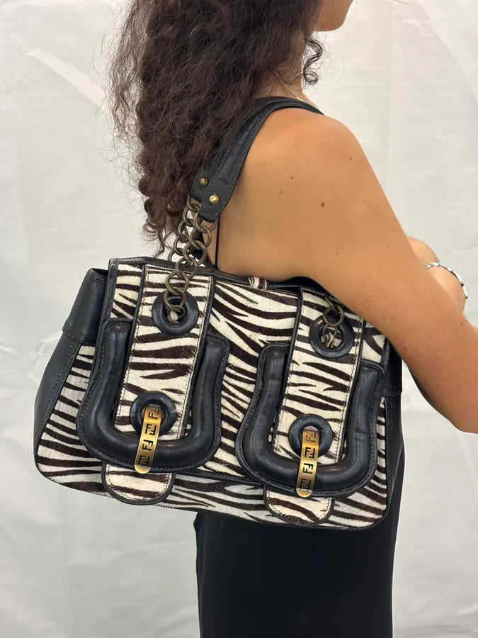 SS2006 Fendi B Bag Black Leather Zebra Pony Hair Handle Bag DAjOtgs 3