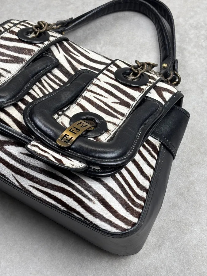 SS2006 Fendi B Bag Black Leather Zebra Pony Hair Handle Bag DAjOtgs 6