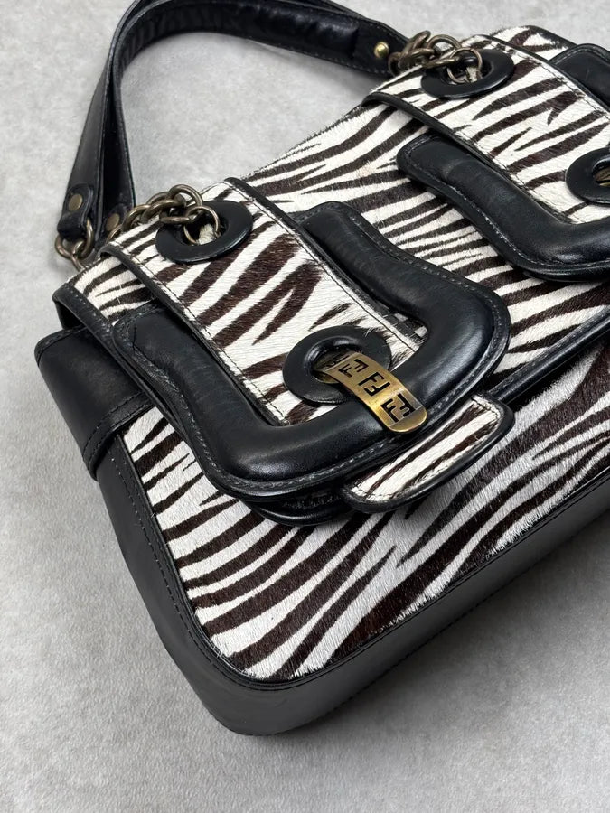 SS2006 Fendi B Bag Black Leather Zebra Pony Hair Handle Bag DAjOtgs 5