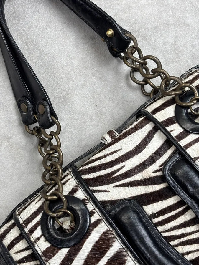 SS2006 Fendi B Bag Black Leather Zebra Pony Hair Handle Bag DAjOtgs 8