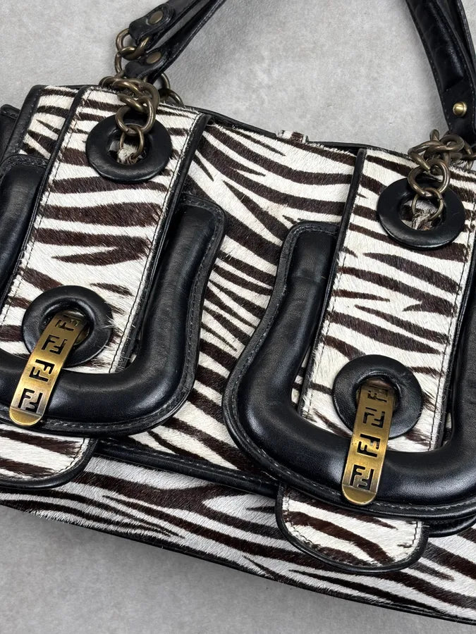 SS2006 Fendi B Bag Black Leather Zebra Pony Hair Handle Bag DAjOtgs 4