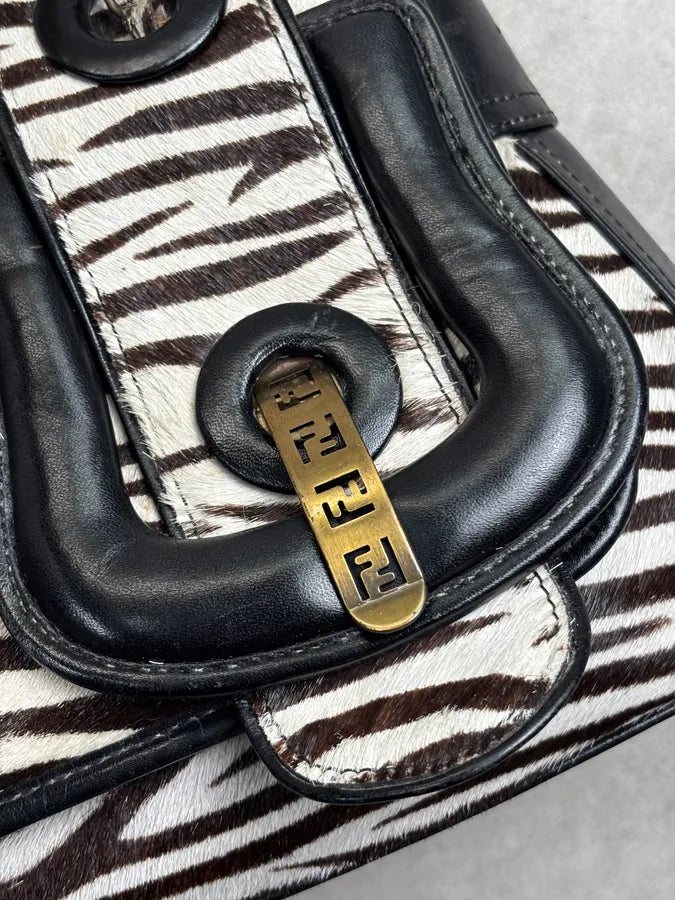 SS2006 Fendi B Bag Black Leather Zebra Pony Hair Handle Bag DAjOtgs 7