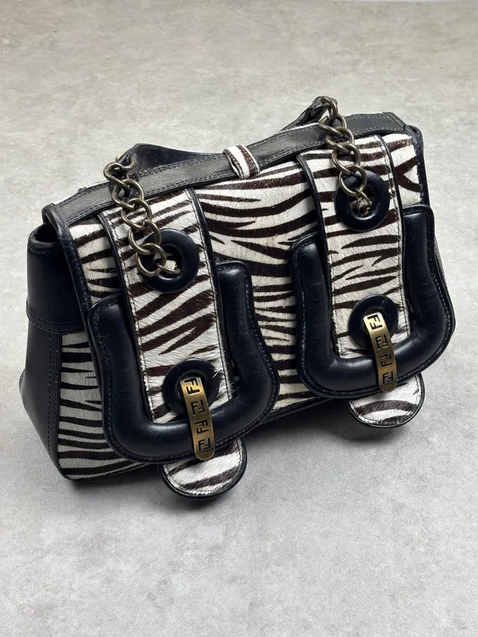 SS2006 Fendi B Bag Black Leather Zebra Pony Hair Handle Bag DAjOtgs 1