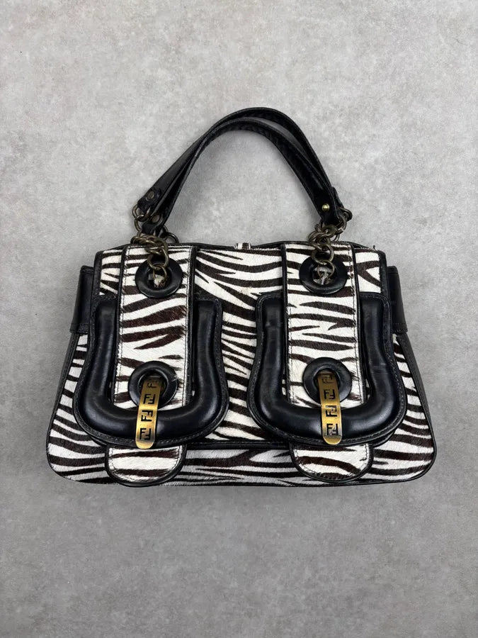 SS2006 Fendi B Bag Black Leather Zebra Pony Hair Handle Bag DAjOtgs 0