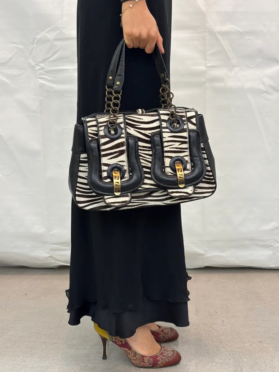SS2006 Fendi B Bag Black Leather Zebra Pony Hair Handle Bag DAjOtgs 2
