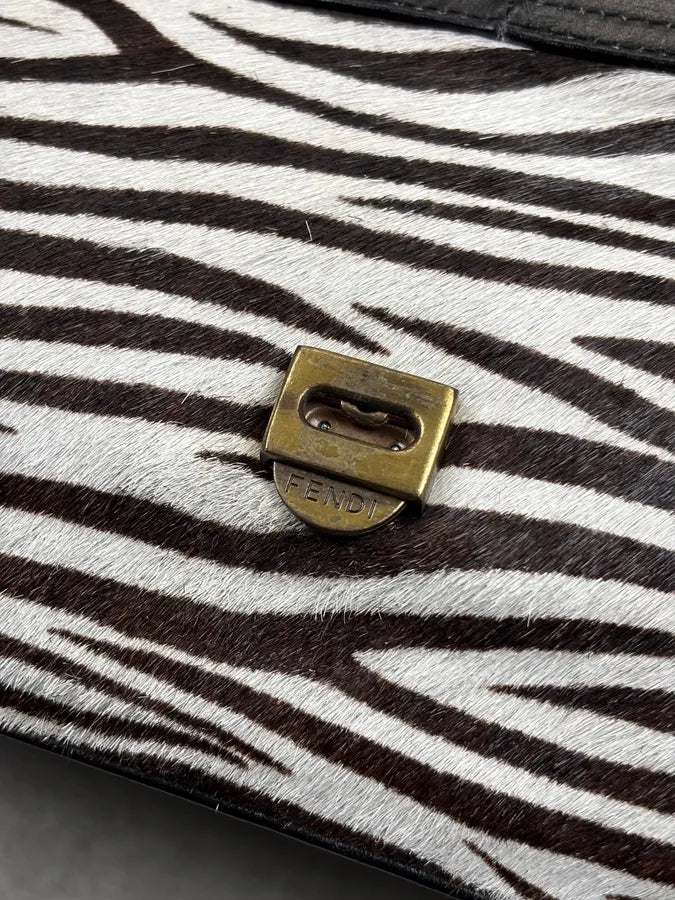 SS2006 Fendi B Bag Black Leather Zebra Pony Hair Handle Bag DAjOtgs 10