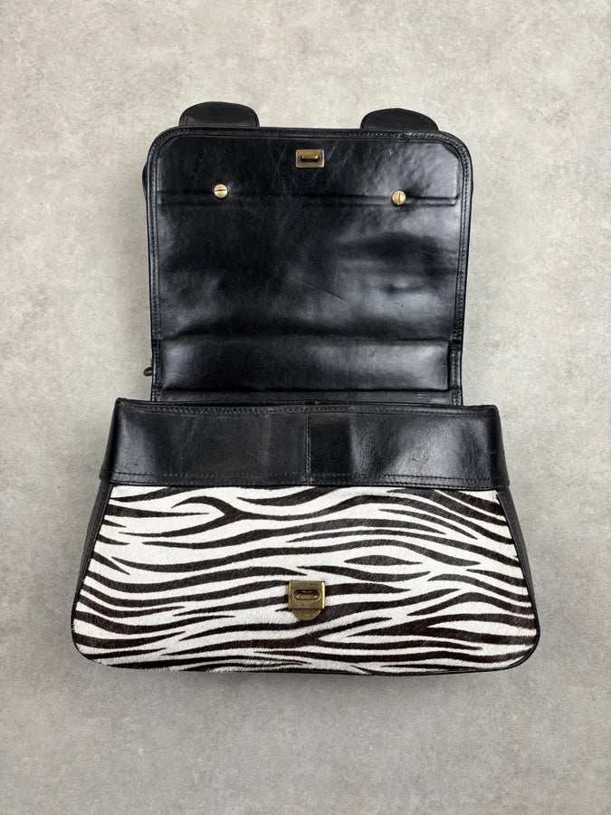 SS2006 Fendi B Bag Black Leather Zebra Pony Hair Handle Bag DAjOtgs 9