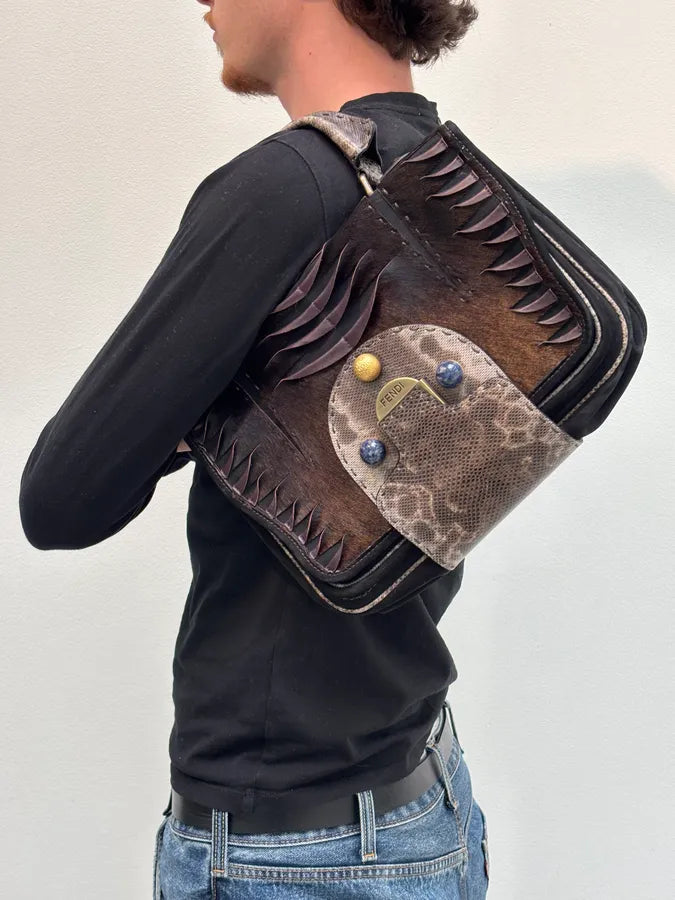 Fendi Brown Leather Fringe Fur Handle Bag QlKpYaE 3