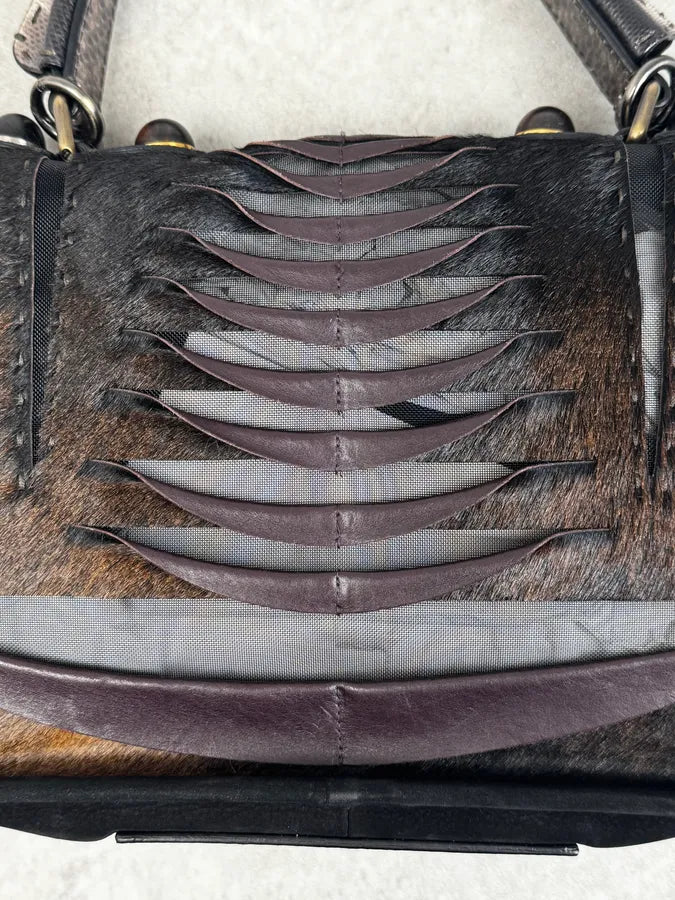Fendi Brown Leather Fringe Fur Handle Bag QlKpYaE 9